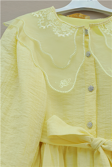 Organze Bebe Yaka Taş Düğmeli Krinkıl Elbise -Sarı