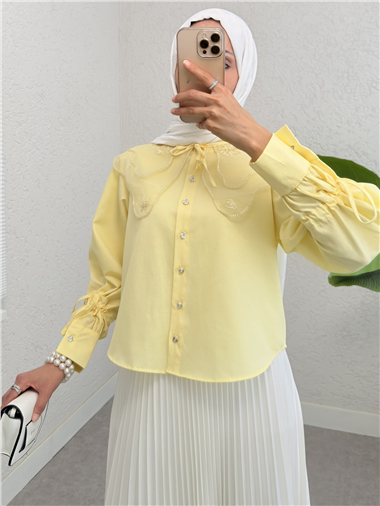 Organze Yaka Kolu Bağlama Detaylı Gömlek -Sarı