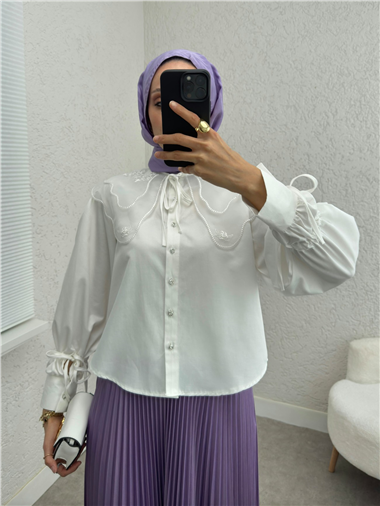 Organze Yaka Kolu Bağlama Detaylı Gömlek -Beyaz