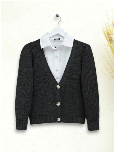 Örgü Desen Düğmeli Hırka   -Antrasit