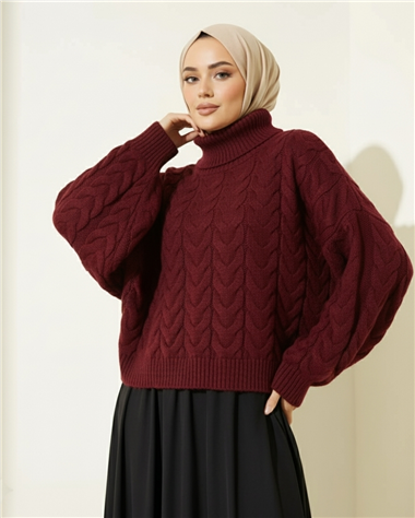 Örgü Desenli Boğazlı Triko Kazak  -Bordo