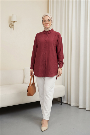 Oval Kesim Düğmeli Gömlek -Bordo
