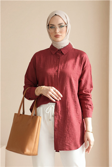 Oval Kesim Düğmeli Gömlek -Bordo