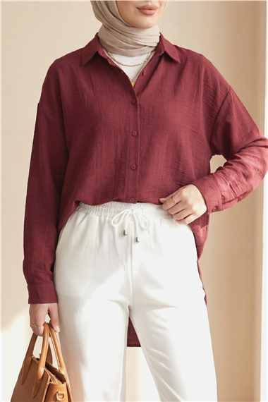 Oval Kesim Düğmeli Gömlek -Bordo