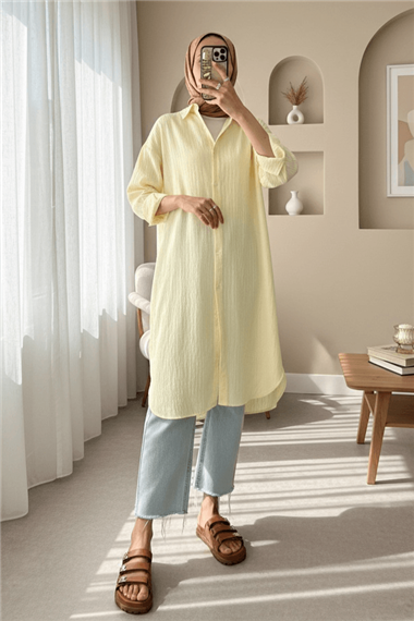Oval Kesim Karaş Uzun Salaş Tunik -Açık Sarı