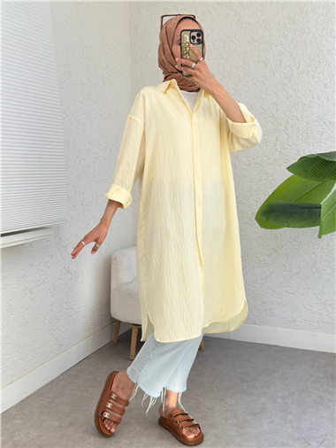 Oval Kesim Karaş Uzun Salaş Tunik -Açık Sarı