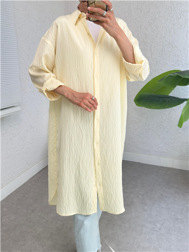 Oval Kesim Karaş Uzun Salaş Tunik -Açık Sarı