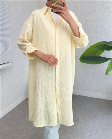 Oval Kesim Karaş Uzun Salaş Tunik -Açık Sarı
