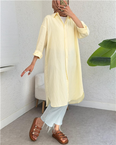 Oval Kesim Karaş Uzun Salaş Tunik -Açık Sarı