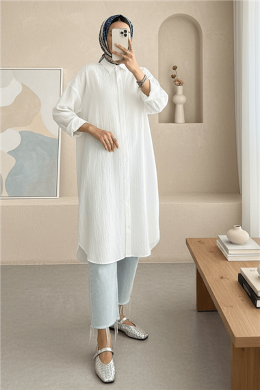 Oval Kesim Karaş Uzun Salaş Tunik -Beyaz