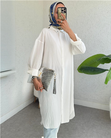 Oval Kesim Karaş Uzun Salaş Tunik -Beyaz