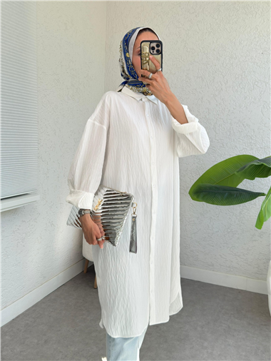 Oval Kesim Karaş Uzun Salaş Tunik -Beyaz