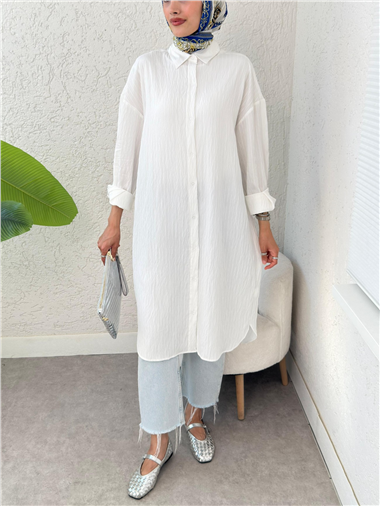 Oval Kesim Karaş Uzun Salaş Tunik -Beyaz