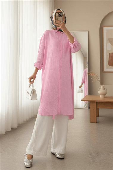 Oval Kesim Karaş Uzun Salaş Tunik -Pembe