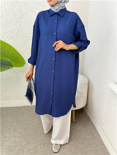 Oval Kesim Kraş Uzun Salaş Tunik -İndigo