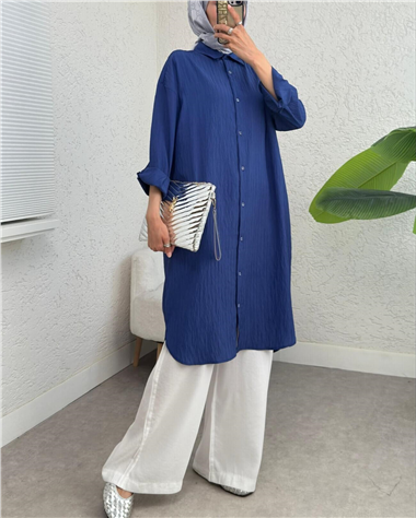 Oval Kesim Kraş Uzun Salaş Tunik -İndigo