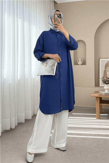 Oval Kesim Kraş Uzun Salaş Tunik -İndigo
