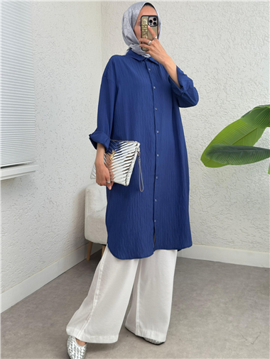 Oval Kesim Kraş Uzun Salaş Tunik -İndigo