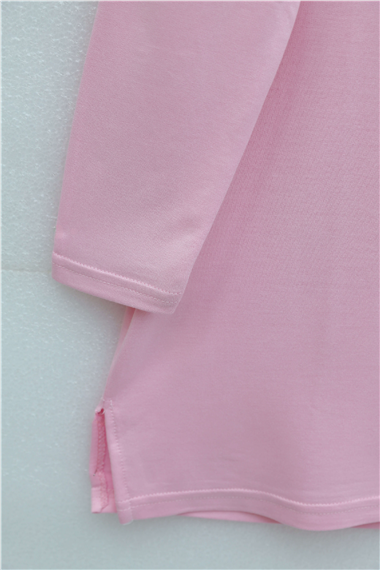 Papatya Nakışlı Yuvarlak Yaka Penye Tunik -Pembe