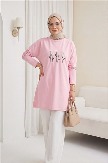 Papatya Nakışlı Yuvarlak Yaka Penye Tunik -Pembe