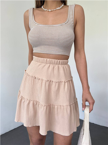 Parça Kumaş Beli Lastikli Şortlu Etek -Bej