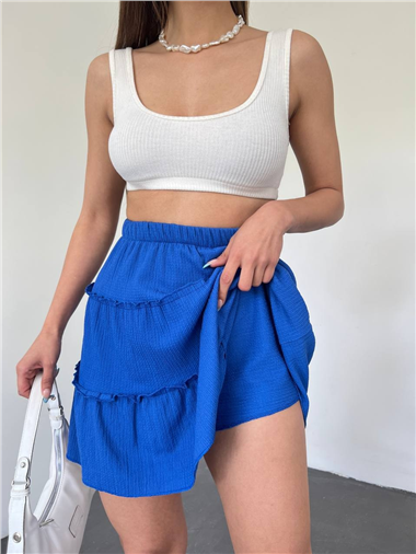 Parça Kumaş Beli Lastikli Şortlu Etek -Saks