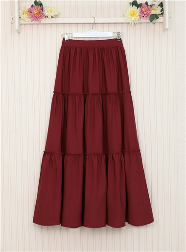 Parçalı Beli Lastikli Etek -Bordo
