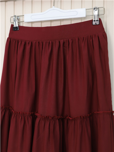 Parçalı Beli Lastikli Etek -Bordo