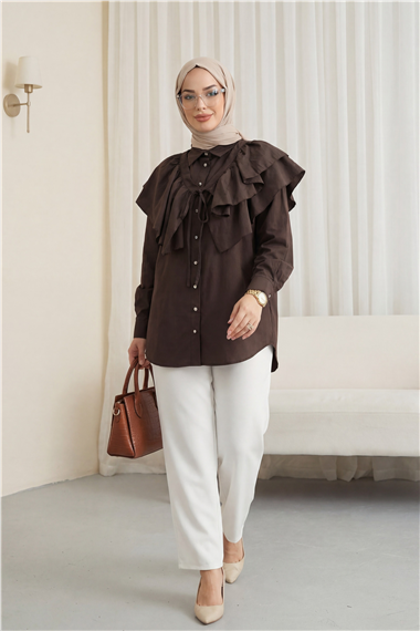 Pelerin Detaylı Düğmeli Oval Kesim Poplin Tunik -K. Kahve