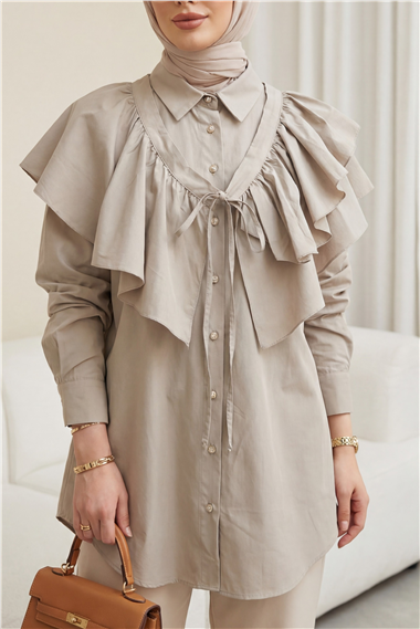 Pelerin Detaylı Düğmeli Oval Kesim Poplin Tunik -Taş