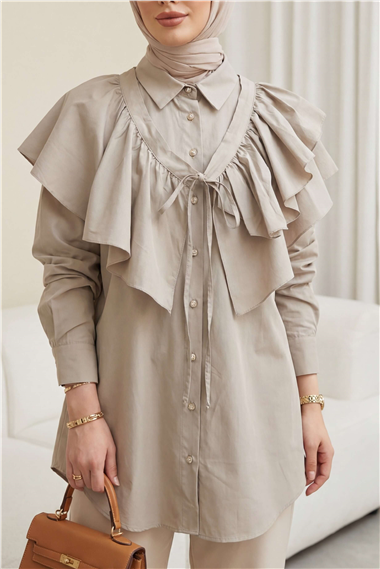 Pelerin Detaylı Düğmeli Oval Kesim Poplin Tunik -Taş