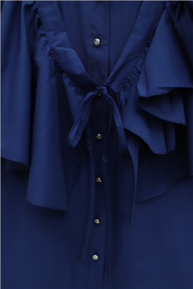 Pelerin Detaylı Düğmeli Oval Kesim Poplin Tunik -Laci