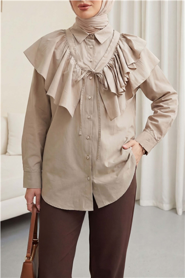 Pelerin Detaylı Düğmeli Oval Kesim Poplin Tunik -Taş
