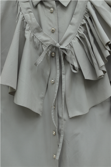 Pelerin Detaylı Düğmeli Oval Kesim Poplin Tunik -Taş