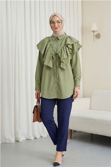Pelerin Detaylı Düğmeli Oval Kesim Poplin Tunik -Çağla Y.