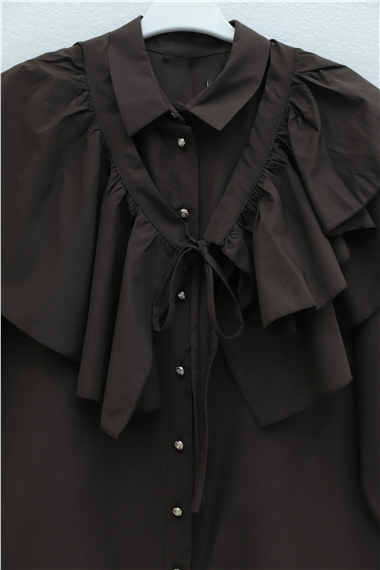Pelerin Detaylı Düğmeli Oval Kesim Poplin Tunik -K. Kahve
