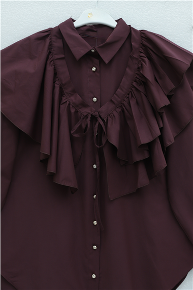 Pelerin Detaylı Düğmeli Oval Kesim Poplin Tunik -Mürdüm
