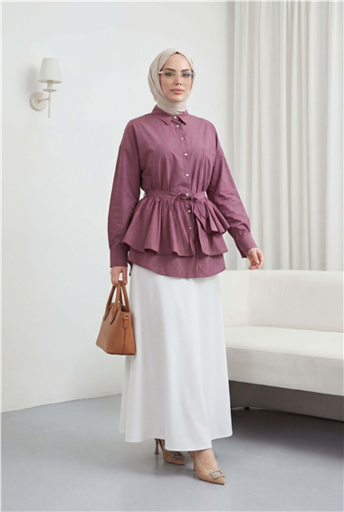 Pelerin Detaylı Düğmeli Oval Kesim Poplin Tunik -Vişne