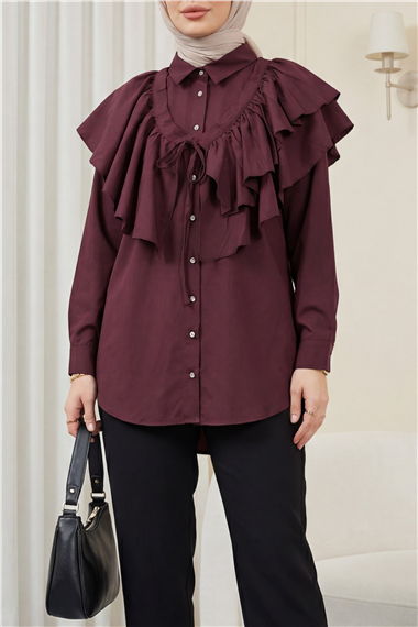 Pelerin Detaylı Düğmeli Oval Kesim Poplin Tunik -Mürdüm