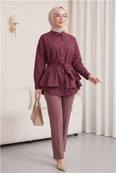 Pelerin Detaylı Düğmeli Oval Kesim Poplin Tunik -Mürdüm