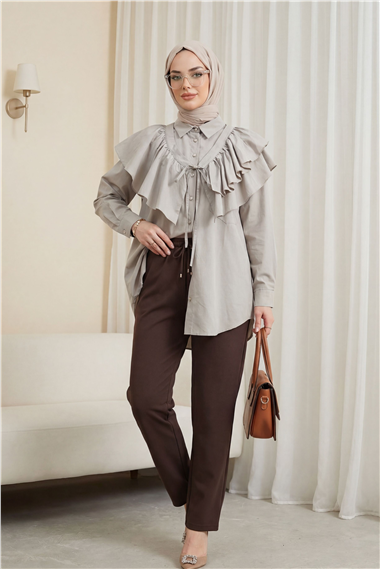 Pelerin Detaylı Düğmeli Oval Kesim Poplin Tunik -Taş