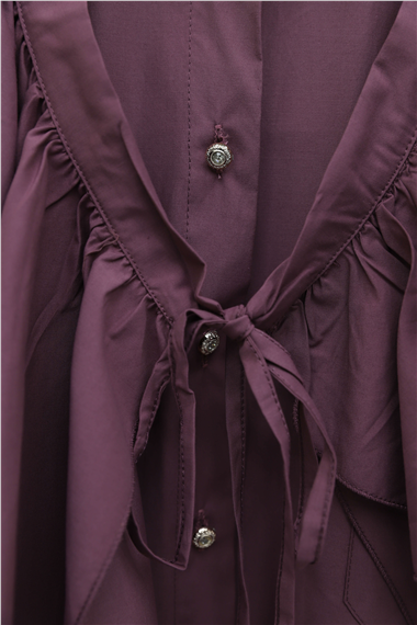 Pelerin Detaylı Düğmeli Oval Kesim Poplin Tunik -Vişne