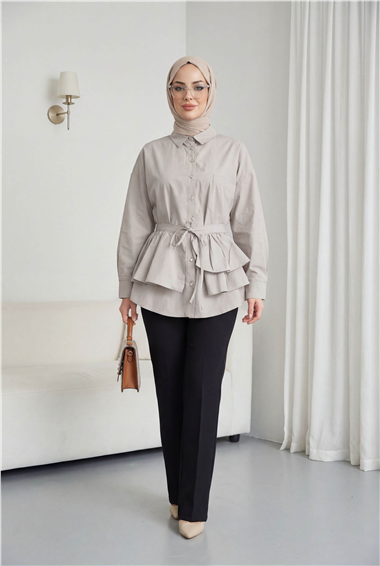 Pelerin Detaylı Düğmeli Oval Kesim Poplin Tunik -Taş