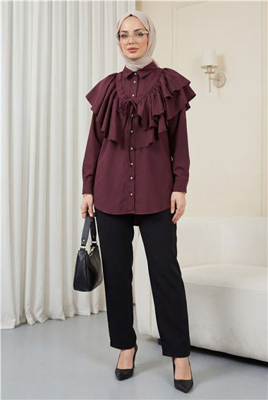 Pelerin Detaylı Düğmeli Oval Kesim Poplin Tunik -Mürdüm