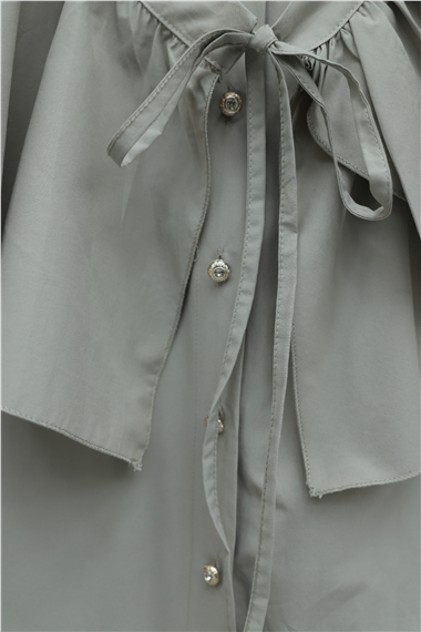 Pelerin Detaylı Düğmeli Oval Kesim Poplin Tunik -Taş