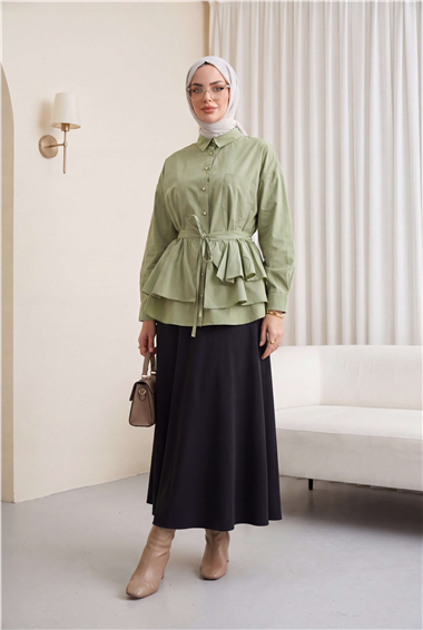 Pelerin Detaylı Düğmeli Oval Kesim Poplin Tunik -Çağla Y.