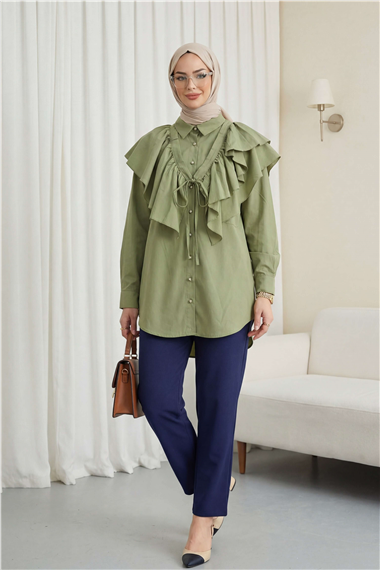 Pelerin Detaylı Düğmeli Oval Kesim Poplin Tunik -Çağla Y.
