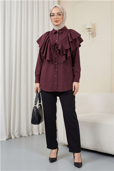 Pelerin Detaylı Düğmeli Oval Kesim Poplin Tunik -Mürdüm