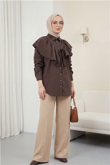Pelerin Detaylı Düğmeli Oval Kesim Poplin Tunik -K. Kahve