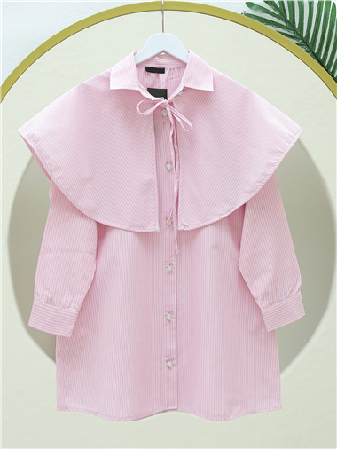 Pelerinli Çizgili Gömlek -Pembe